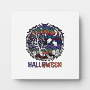 Halloween Spider Web Tree Ghosts Pumpkins Tombston Plaque