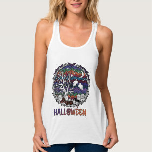 Halloween Spider Web Tree Ghosts Pumpkins Tombston Singlet