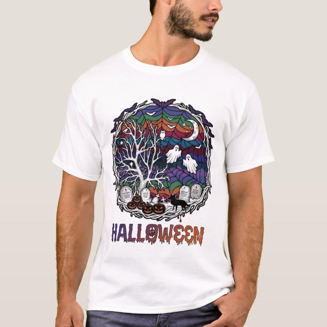 Halloween Spider Web Tree Ghosts Pumpkins Tombston T-Shirt (Front)