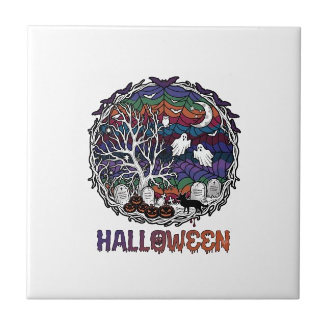 Halloween Spider Web Tree Ghosts Pumpkins Tombston Tile (Front)