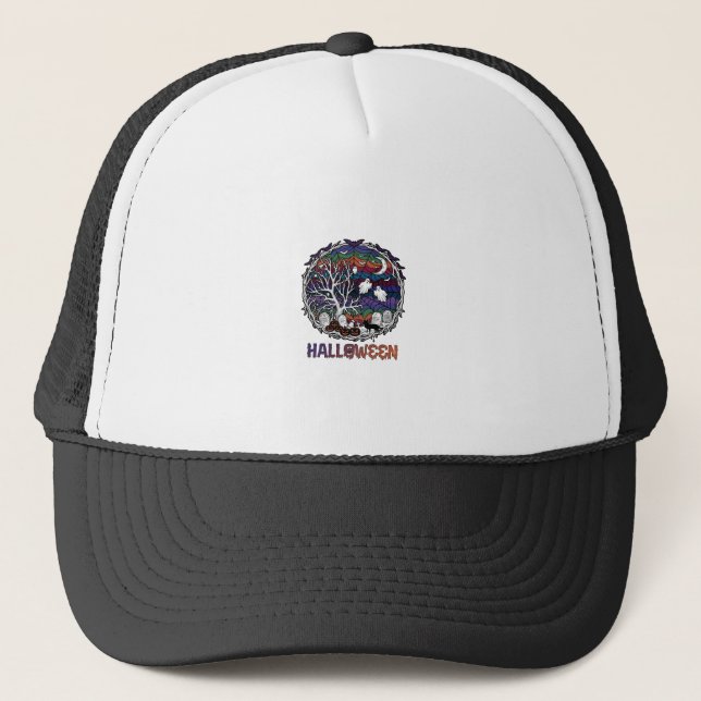 Halloween Spider Web Tree Ghosts Pumpkins Tombston Trucker Hat (Front)
