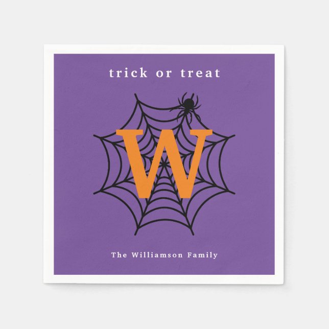 Halloween Spider Web Trick or Treat Monogram Napkin (Front)