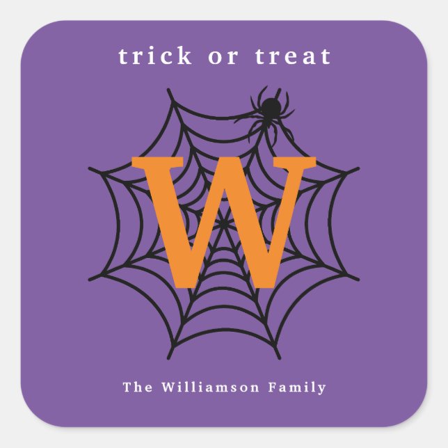 Halloween Spider Web Trick or Treat Monogram Square Sticker (Front)