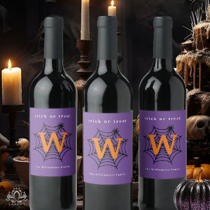 Halloween Spider Web Trick or Treat Monogram Wine Label