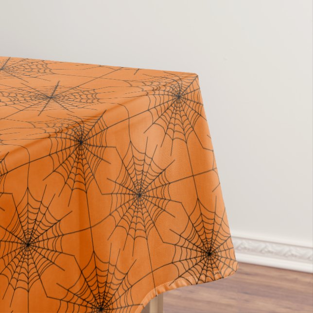 Halloween Spider Web with Spiders on Orange Tablecloth (In Situ)