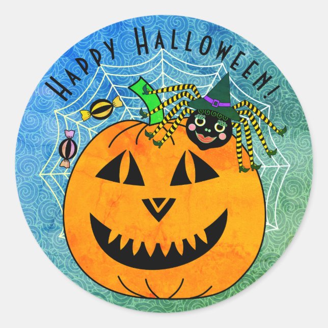 Halloween Spider Witch and Pumpkin Classic Round Sticker (Front)