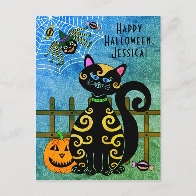 Halloween Spider Witch Custom Name Holiday Postcard (Front)
