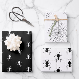Halloween Spiders Black White Cobwebs Wrapping Paper Sheet