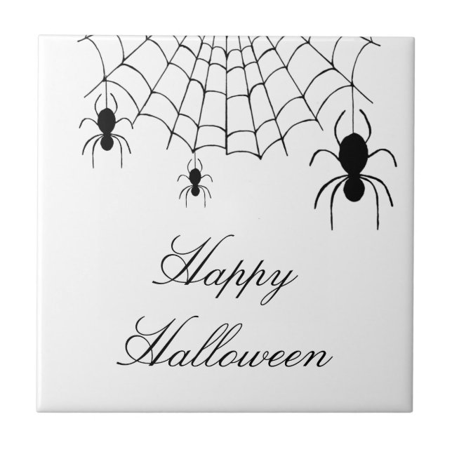 Halloween Spiders Cute Black White Tile (Front)
