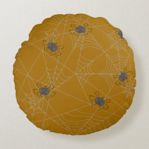 Halloween spiders web and pumpkins round cushion