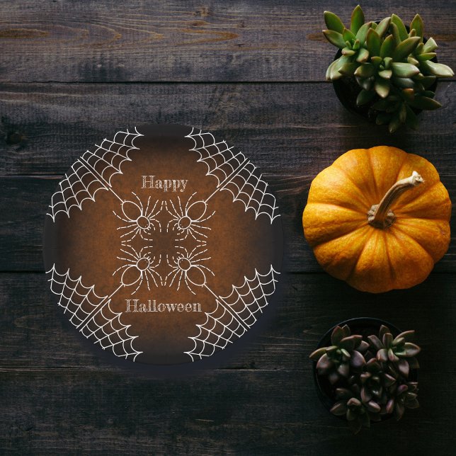 Halloween Spiderweb spiders black orange white  Paper Plate (Creator Uploaded)