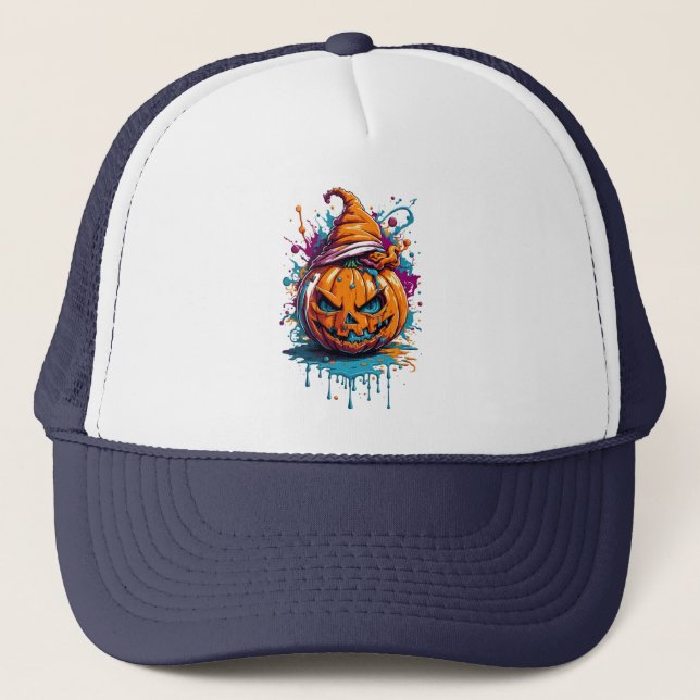 Halloween splash colour pumpkin trucker hat (Front)