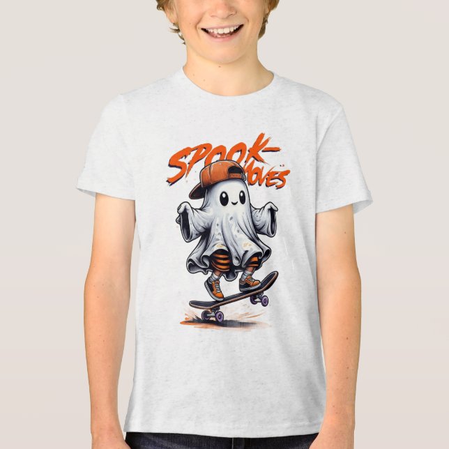 Halloween Spook Skateboard Moves White Ghost Tee (Front)