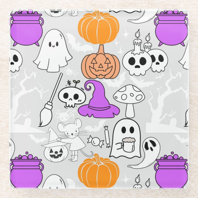 Halloween spookiness pattern 01 L Grey BG Glass Coaster (Front)