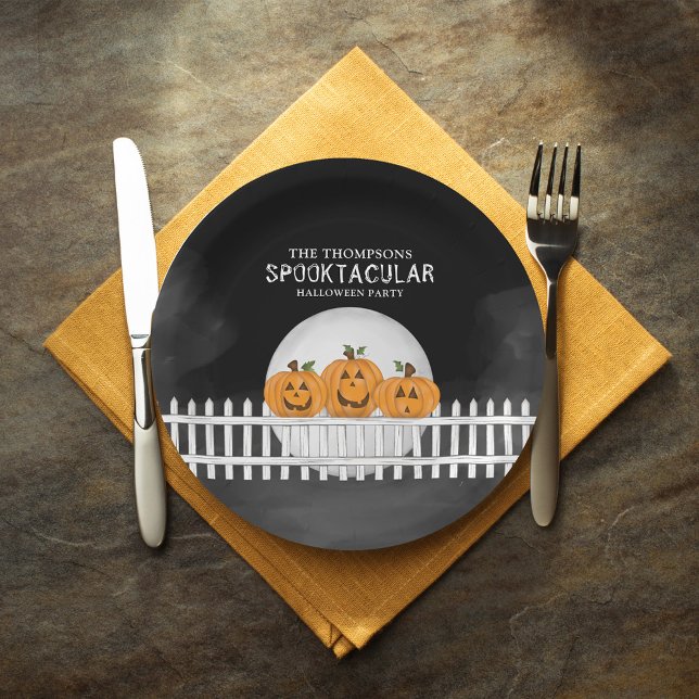 Halloween Spooktacular Whimsical Pumpkins Funny Paper Plate (Whimsical pumpkins Halloween paper plate. With smiling Jack O Lanterns. )