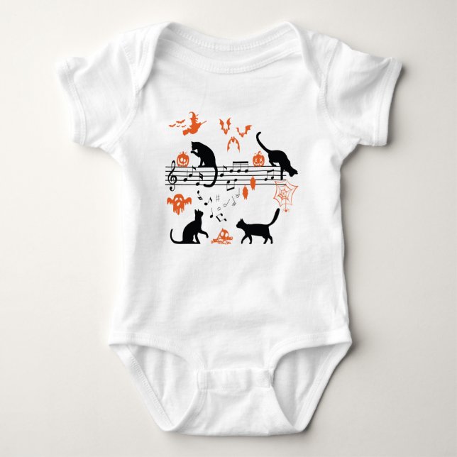 Halloween Spooky and Scary Cats Playing Music Note Baby Bodysuit (Front)