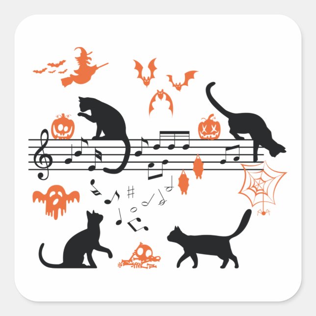 Halloween Spooky and Scary Cats Playing Music Note Square Sticker (Front)