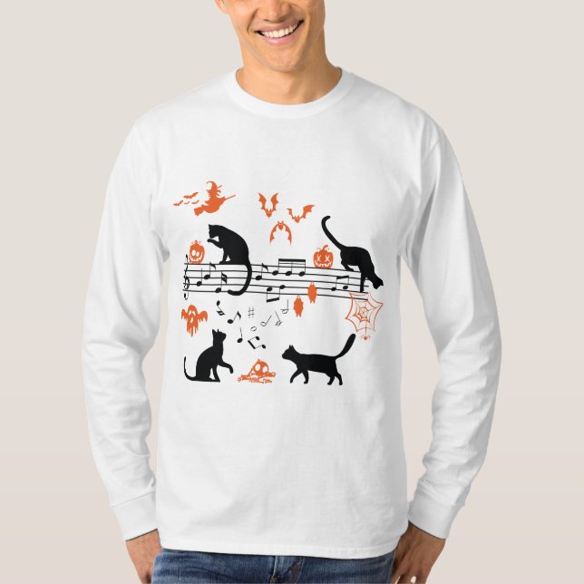 Halloween Spooky and Scary Cats Playing Music Note T-Shirt (Front)