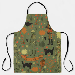 Halloween spooky background. With cats, roses, bat Apron
