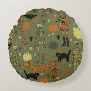 Halloween spooky background. With cats, roses, bat Round Cushion