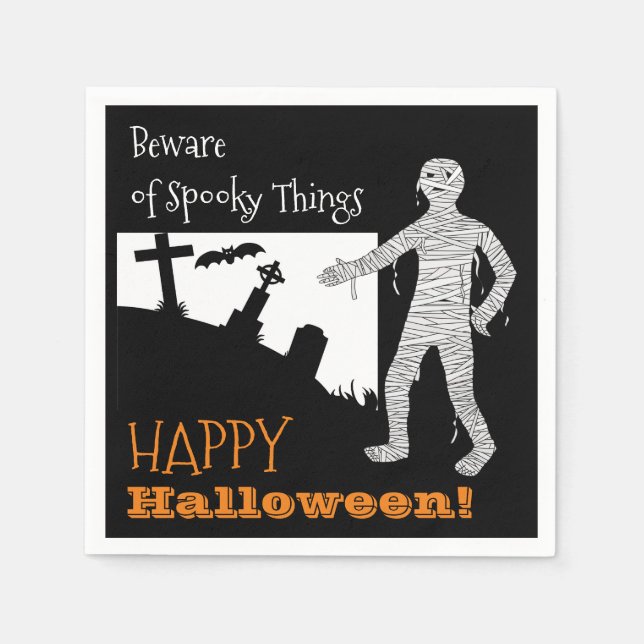 Halloween Spooky Bats Cemetery Mummy Black Orange Napkin (Front)