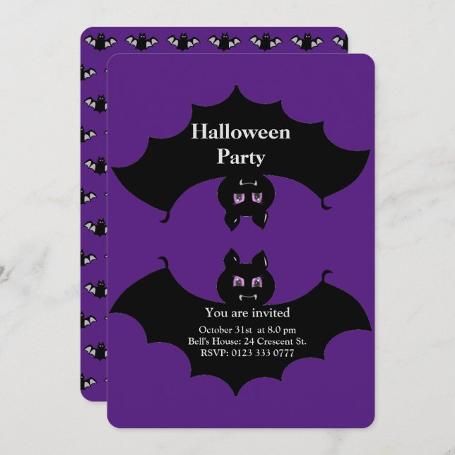 Halloween Spooky Bats on Royal Purple Invitation (Front/Back)