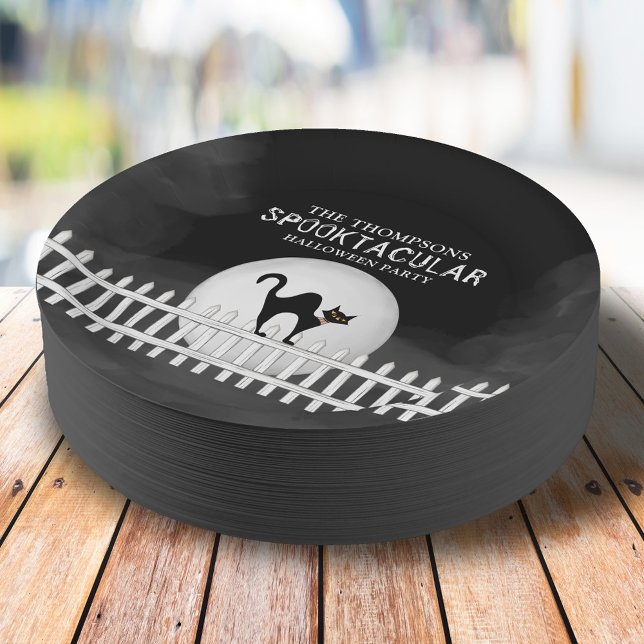 Halloween Spooky Black Cat Spooktacular Party Paper Plate (Halloween Spooktacular whimsical black cat on a picket fence paper plate. )