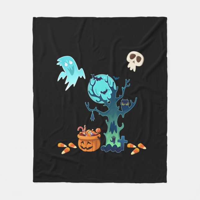 Halloween Spooky Creepy Ghosts Bats Skulls & Candy Fleece Blanket (Front)