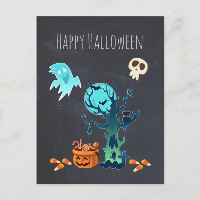 Halloween Spooky Creepy Ghosts Bats Skulls & Candy Postcard (Front)