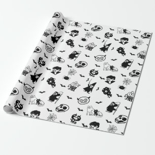 Halloween Spooky Cute Pattern Holiday Horror Black Wrapping Paper