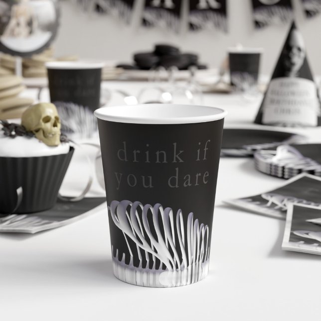 Halloween Spooky Drink if You Dare Paper Cups (Drink if you dare? A spooky skeleton rib paper cup with text you can customize. Happy Halloween!)