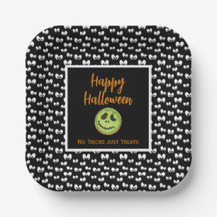 Halloween spooky eyes green cookie no tricks paper plate