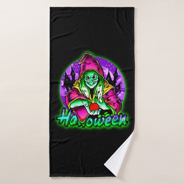 Halloween Spooky Green Witch Magic Hat Apple Bath Towel Set (Bath Towel)