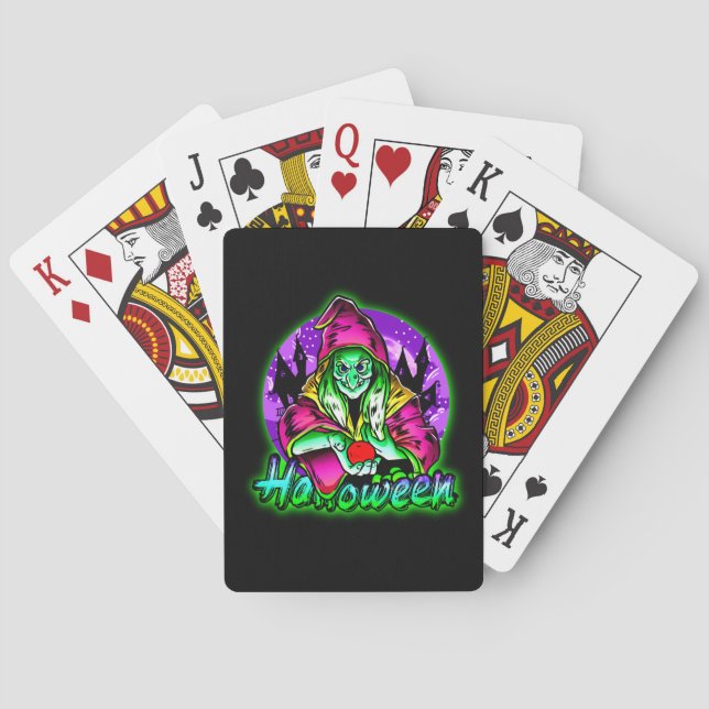 Halloween Spooky Green Witch Magic Hat Apple Playing Cards (Back)