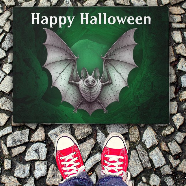 Halloween Spooky Grey Flying Bat Green Cave Doormat (Spooky grey flying bat green glowing cave on Happy Halloween door mat.)