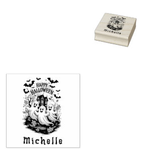 Halloween Spooky Haunted House Ghost and Bats Rubber Stamp