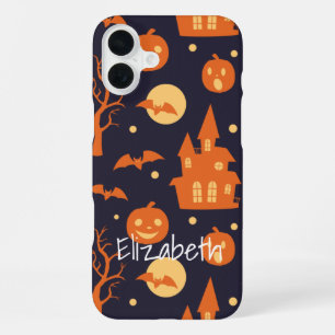 Halloween Spooky House Bats Trees Pumpkin Pattern iPhone 16 Plus Case