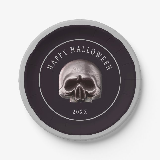 Halloween Spooky Metal Skull Custom Paper Plate (Front)