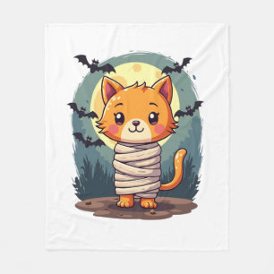 Halloween Spooky Mummy Cat and Pumpkin Halloween Fleece Blanket
