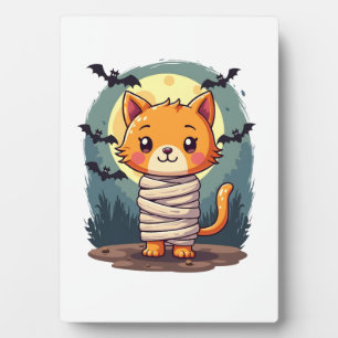 Halloween Spooky Mummy Cat and Pumpkin Halloween Plaque