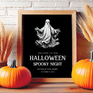 Halloween spooky night party sign with ghost