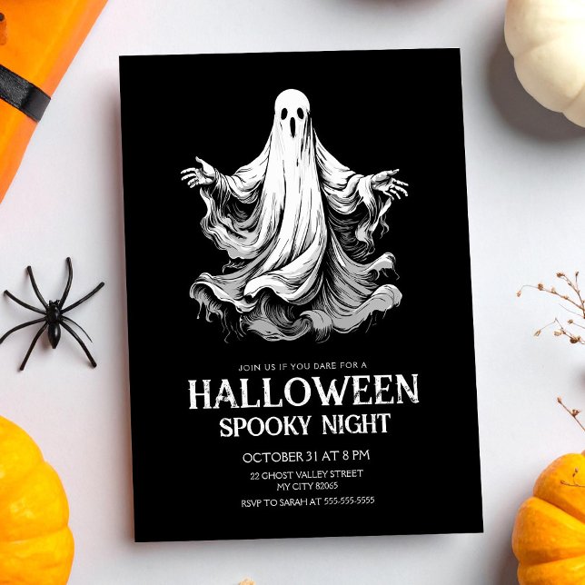Halloween spooky night party with ghost holiday postcard (Creator Uploaded)