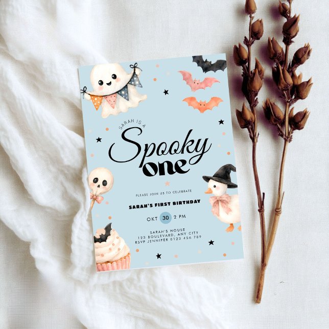 Halloween Spooky One 1st Birthday Invitation Bleu (Blue halloween spooky one 1st birthday invitation for boys)