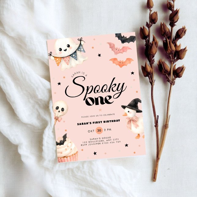 Halloween Spooky One 1st Birthday Invitation Pink (Pink halloween spooky one 1st birthday invitation for girls)