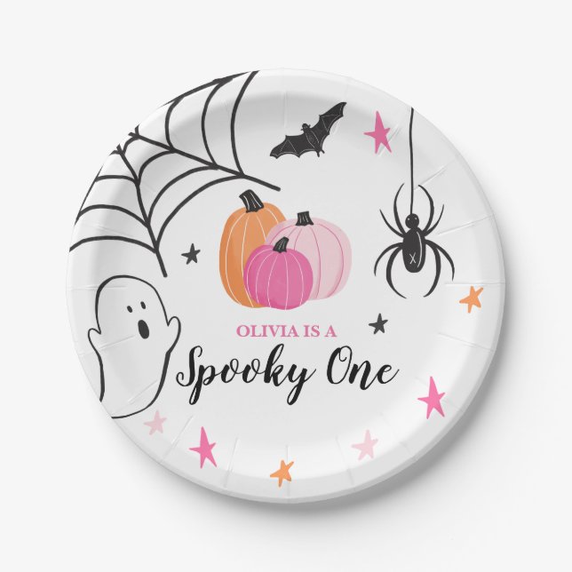 Halloween Spooky One Birthday pink Pumpkins Paper Plate (Front)