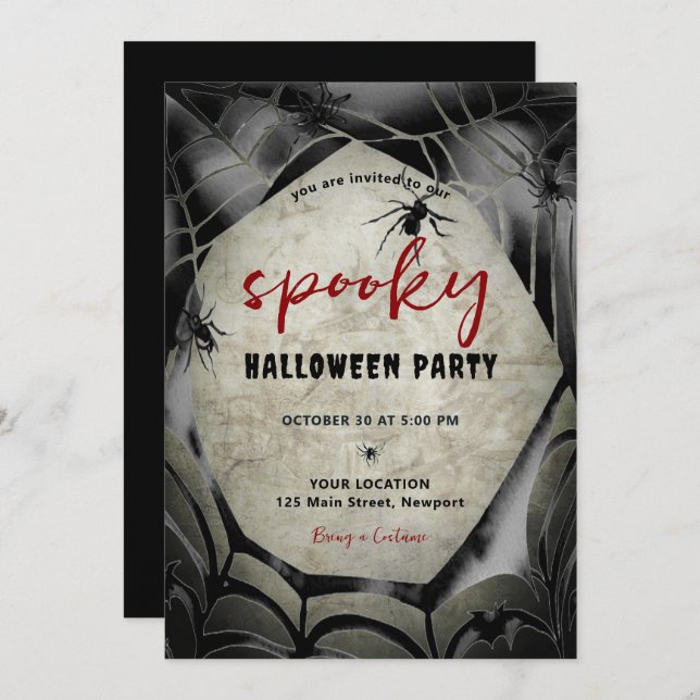 Halloween Spooky Party Spider Spiderweb Black Red Invitation (Front/Back)