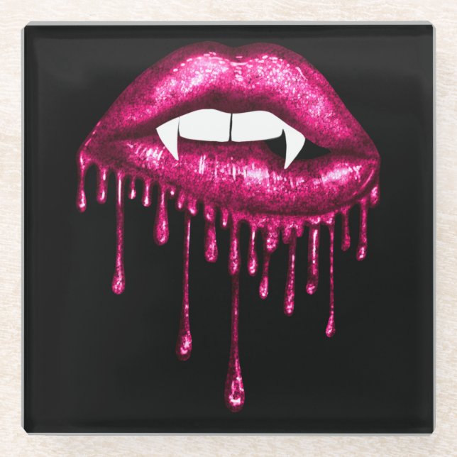 HALLOWEEN SPOOKY PINK DRIPPING VAMPIRE LIPS GLASS COASTER (Front)