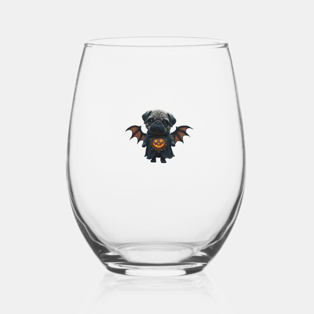 Halloween Spooky Pug Classic T-Shirt Stemless Wine Glass (Front)