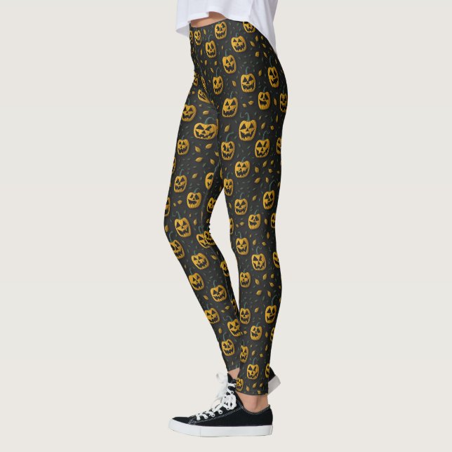 Halloween spooky pumpkin cartoon dark contrast leggings (Left)