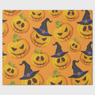 Halloween Spooky Pumpkin Witch Hat Orange Pattern Wrapping Paper